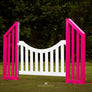 Pink Aluminum Picket Wing Standards with skinny riviera gate by Dalman Jump Co.