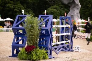 blue geometric horse jump standards with three key hole tracks
