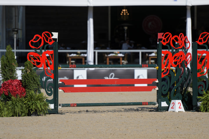 rose bouquet horse jumps tandards with red planks