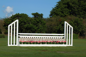 Aluminum Picketed Wing Standards with Stone Wall, Ladder Style Gate, and Flower Boxes